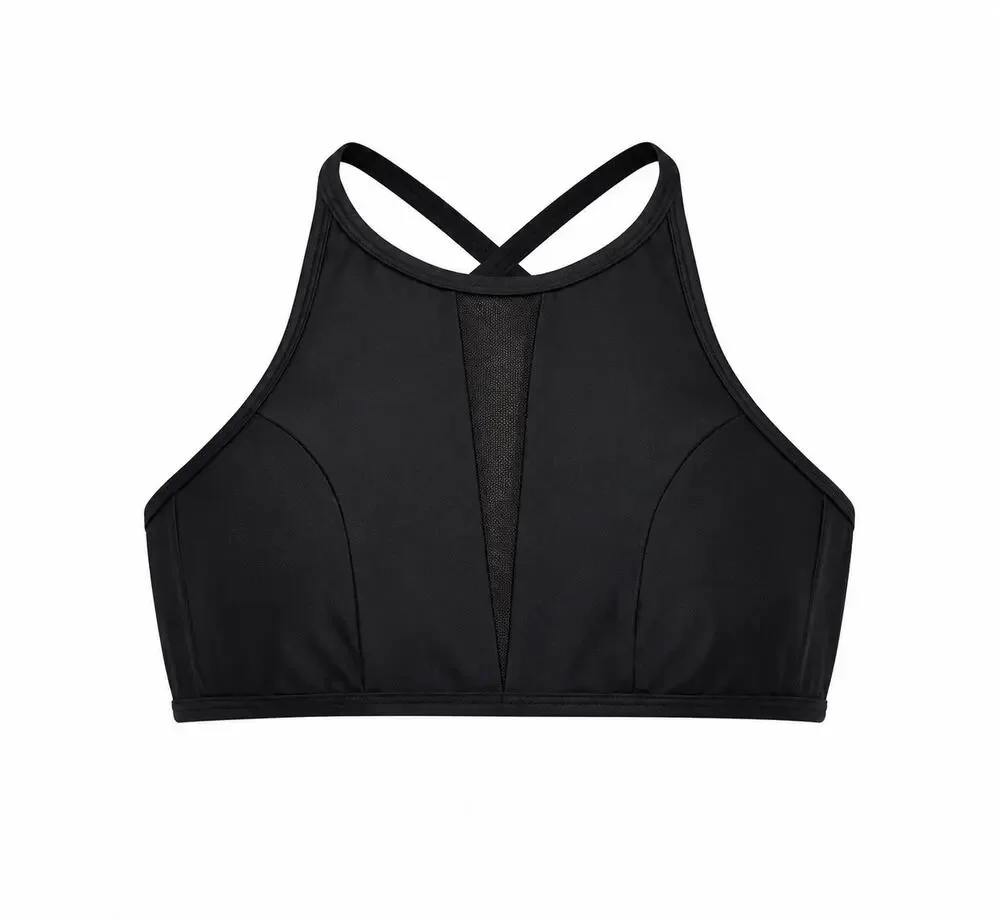 Time and Tru Women’s 1X Black High Neck Bikini Swim Top Mesh Inset NWT
